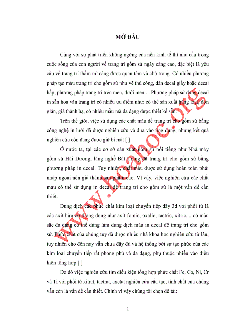 Nghiên cứu ứng dụng phức chất của Fe Co Ni Cr và Ti với một vài axit cacboxylic tạo màu trang trí cho gốm sứ bằng phương pháp in decal