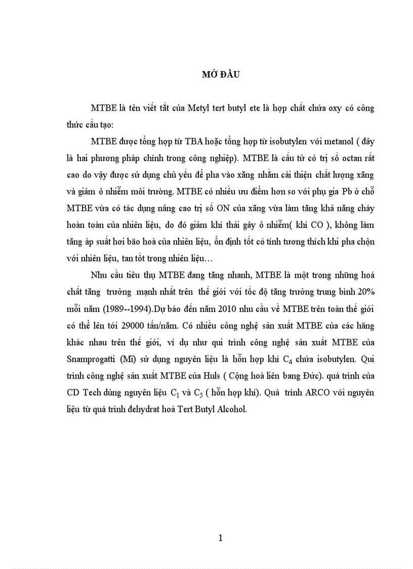 Thiết kế phân xưởng sản xuất MTBE Metyltert butyl ete