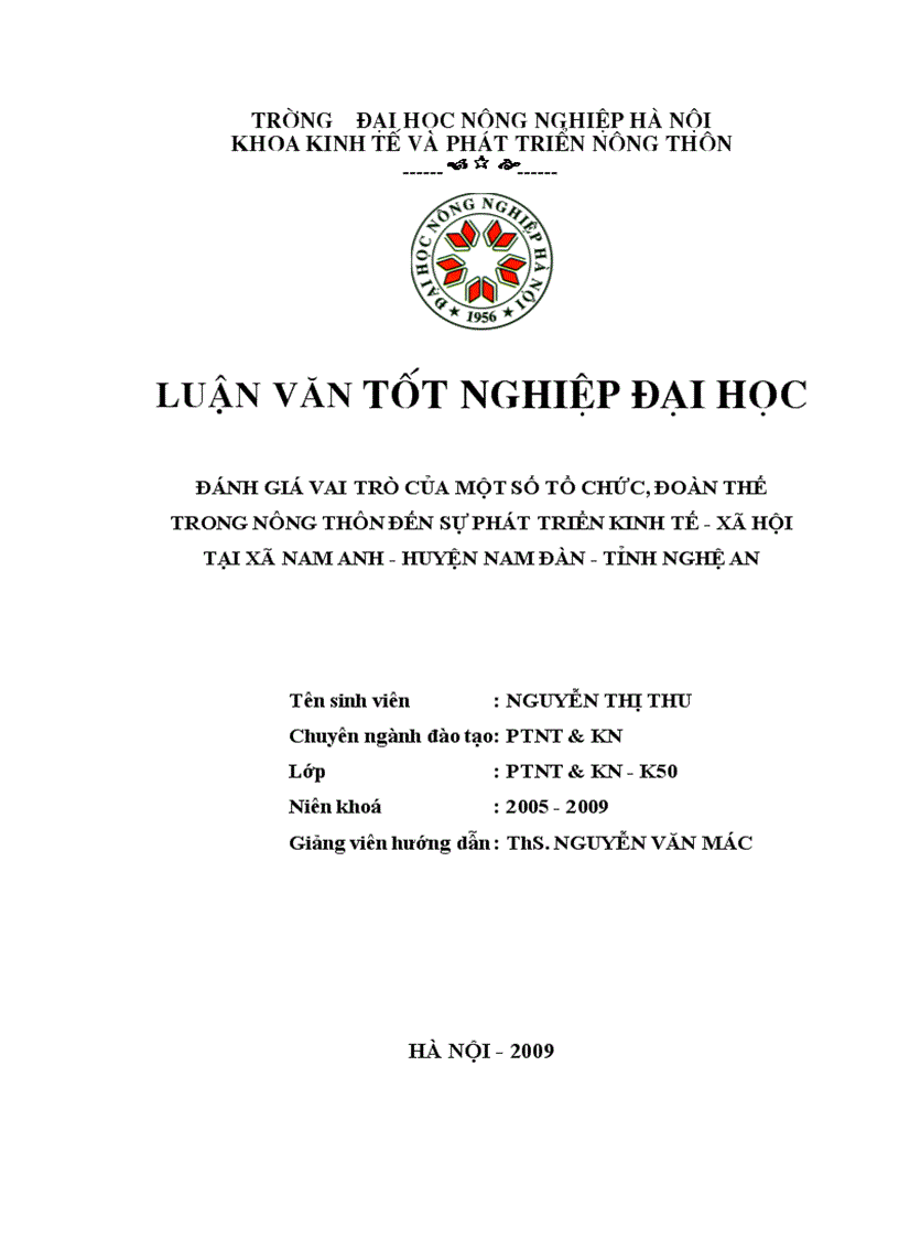 Đánh giá vai trò của một số tổ chức đoàn thể trong nông thôn đến sự phát triển kinh tế xã hội tại xã Nam Anh huyện Nam Đàn tỉnh Nghệ An