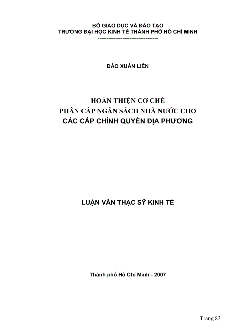 Hoàn thiện cơ chế phân cấp nhân sách nhà nước cho các cấp chính quyền địa phương