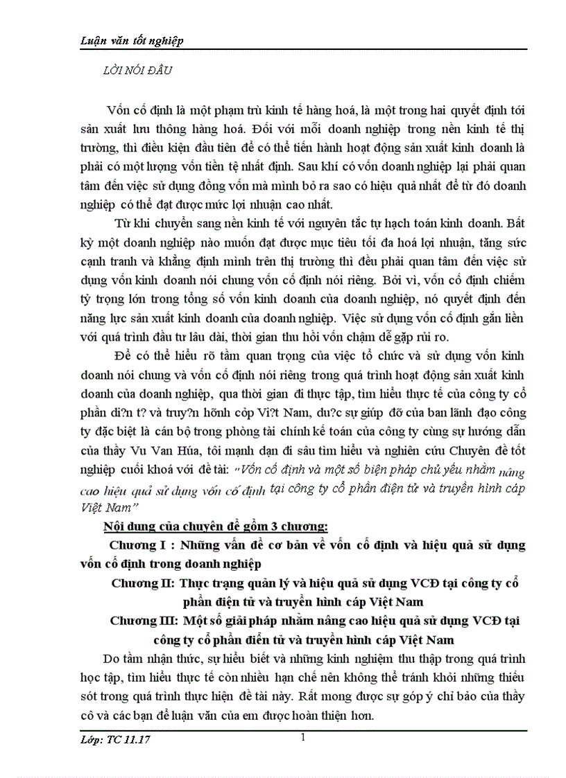 Vốn cố định và một số biện pháp chủ yếu nhằm nâng cao hiệu quả sử dụng vốn cố định tại Công ty cổ phần điện tử và truyền hình cáp Việt Nam