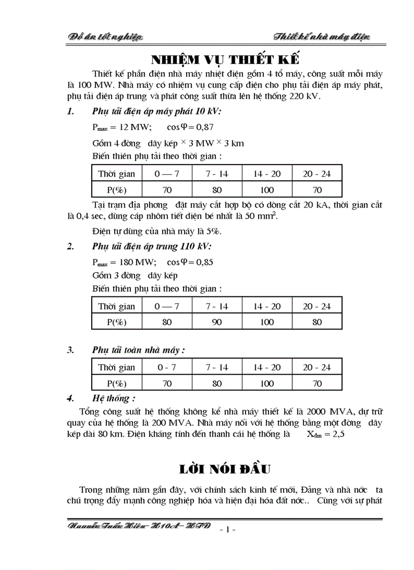 Thiết kế phần điện nhà máy nhiệt điện gồm 4 tổ máy công suất mỗi máy là 100MW