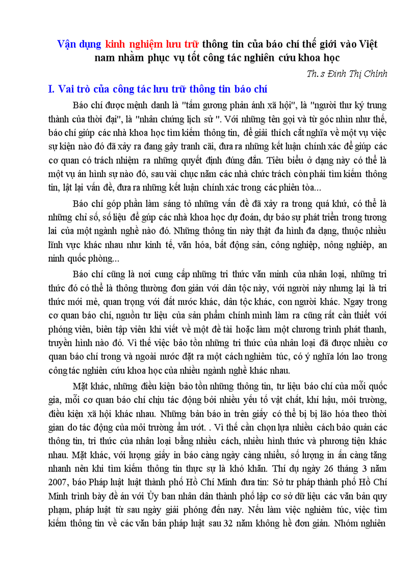Vận dụng kinh nghiệm lưu trữ thông tin của báo chí thế giới vào Việt nam nhằm phục vụ tốt công tác nghiên cứu khoa học