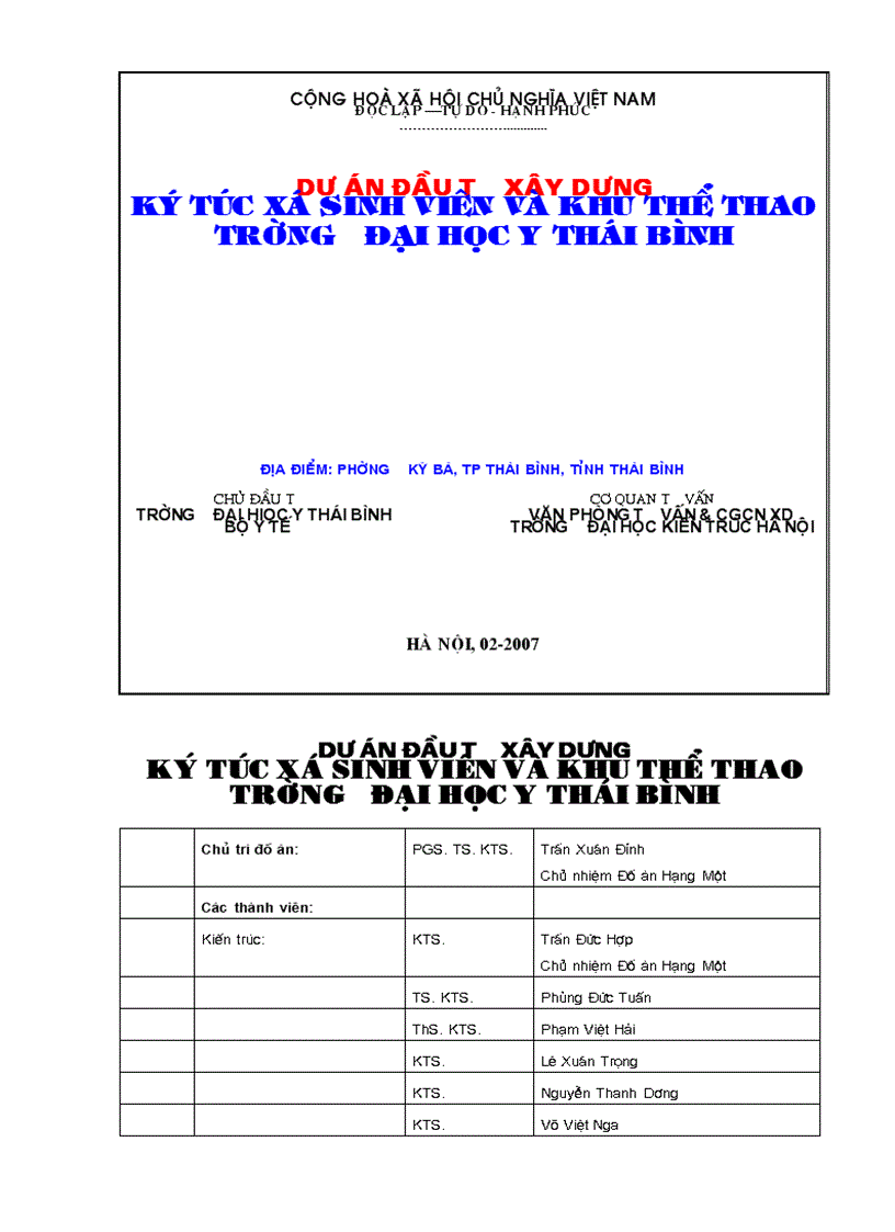 Mẫu lập dự án đã được phê duyệt Dự án đầu tư xây dựng KÝ TÚC XÁ SINH VIÊN VÀ KHU THỂ THAO TRƯỜNG ĐẠI HỌC Y THÁI BÌNH