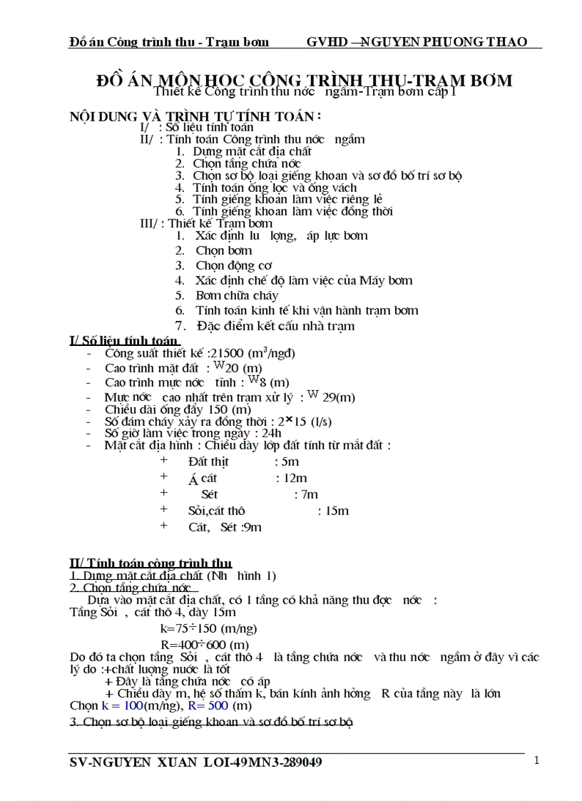 Đồ án môn học Công trình thu Trạm bơm Thiết kế Công trình thu nước ngầm Trạm bơm cấp I