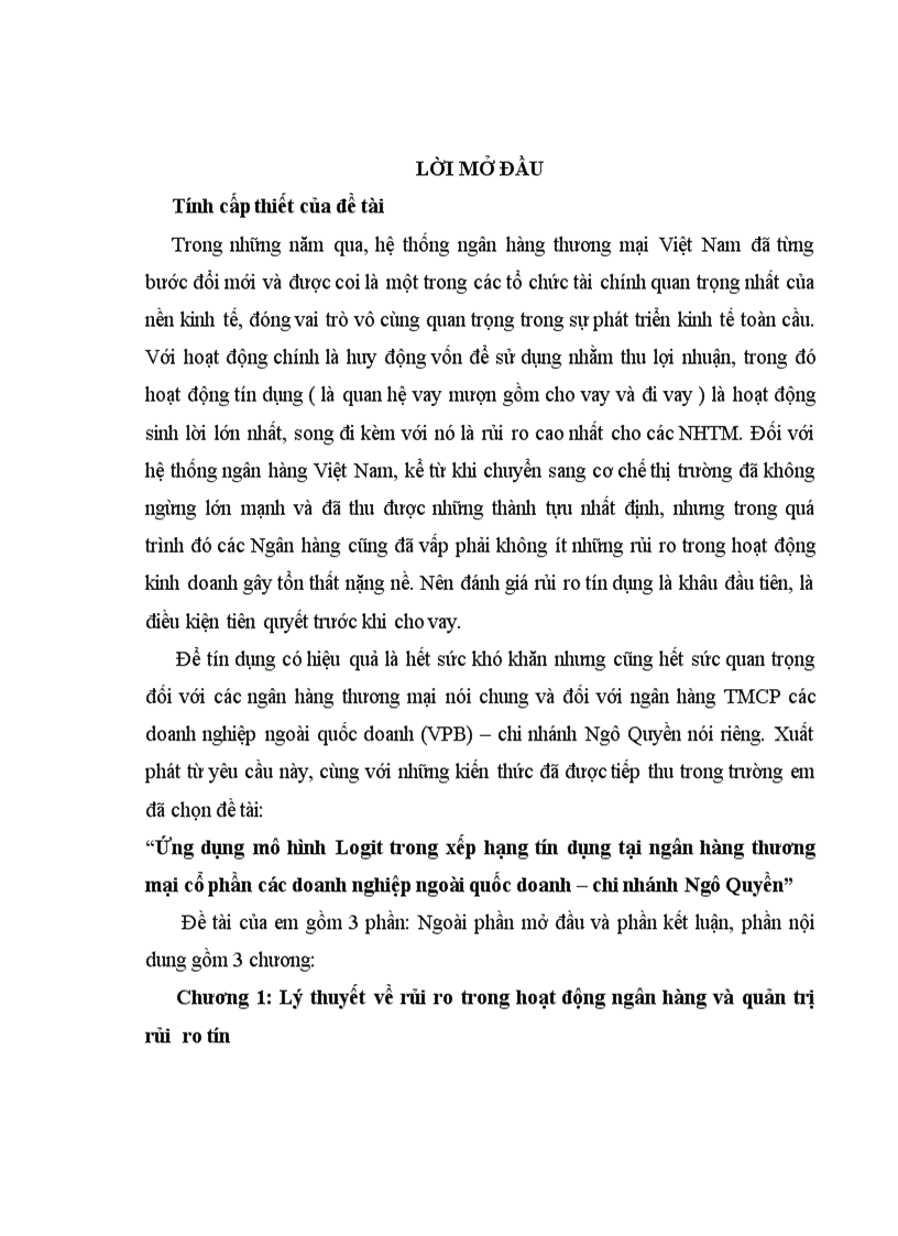 Ứng dụng mô hình Logit trong xếp hạng tín dụng tại ngân hàng thương mại cổ phần các doanh nghiệp ngoài quốc doanh VPBANK chi nhánh Ngô Quyền