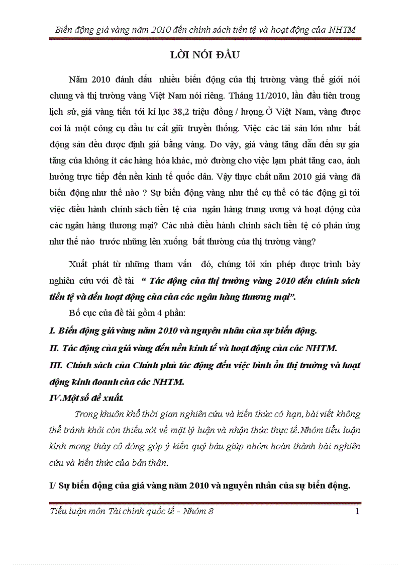 Tác động của thị trường vàng 2010 đến chính sách tiền tệ và đến hoạt động của của các ngân hàng thương mại