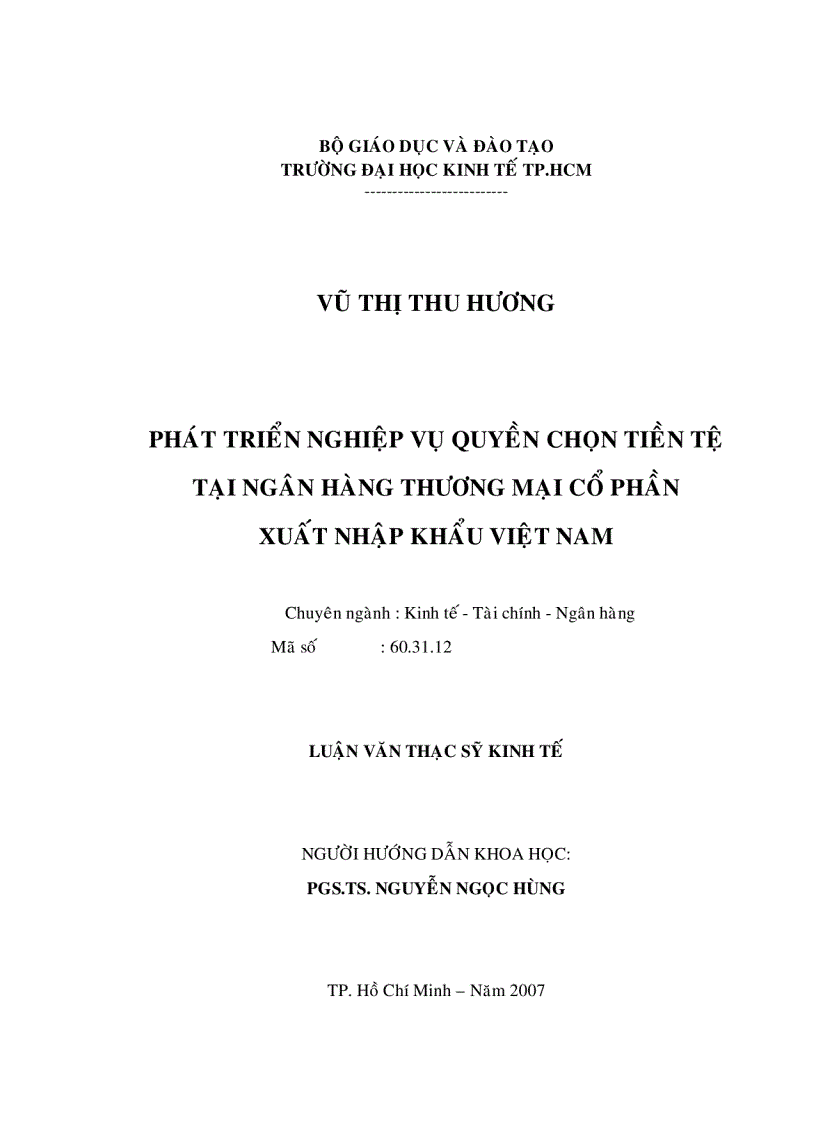 Phát triển nghiệp vụ quyền chọn tiền tệ tại ngân hàng thương mại cổ phần xuất nhập khẩu Việt Nam