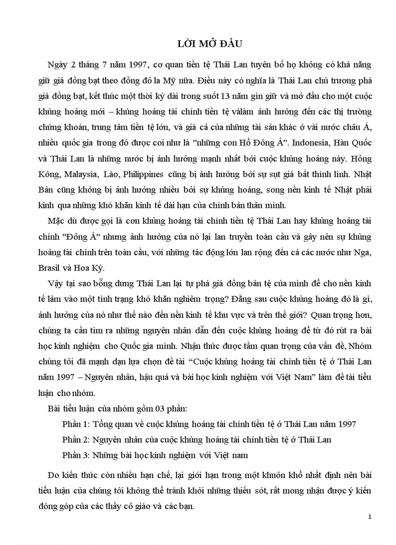 Cuộc khủng hoảng tài chính tiền tệ ở Thái Lan năm 1997 Nguyên nhân hậu quả và bài học kinh nghiệm với Việt Nam