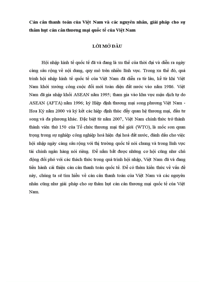 Cán cân thanh toán của Việt Nam và các nguyên nhân giải pháp cho sự thâm hụt cán cân thương mại quốc tế của Việt Nam