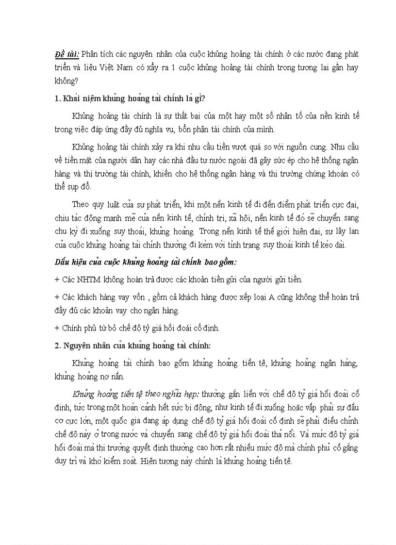 Tiểu luận môn tài chính ngân hàng và sự phát triển khủng hoảng tài chính ở các nước đang phát triển