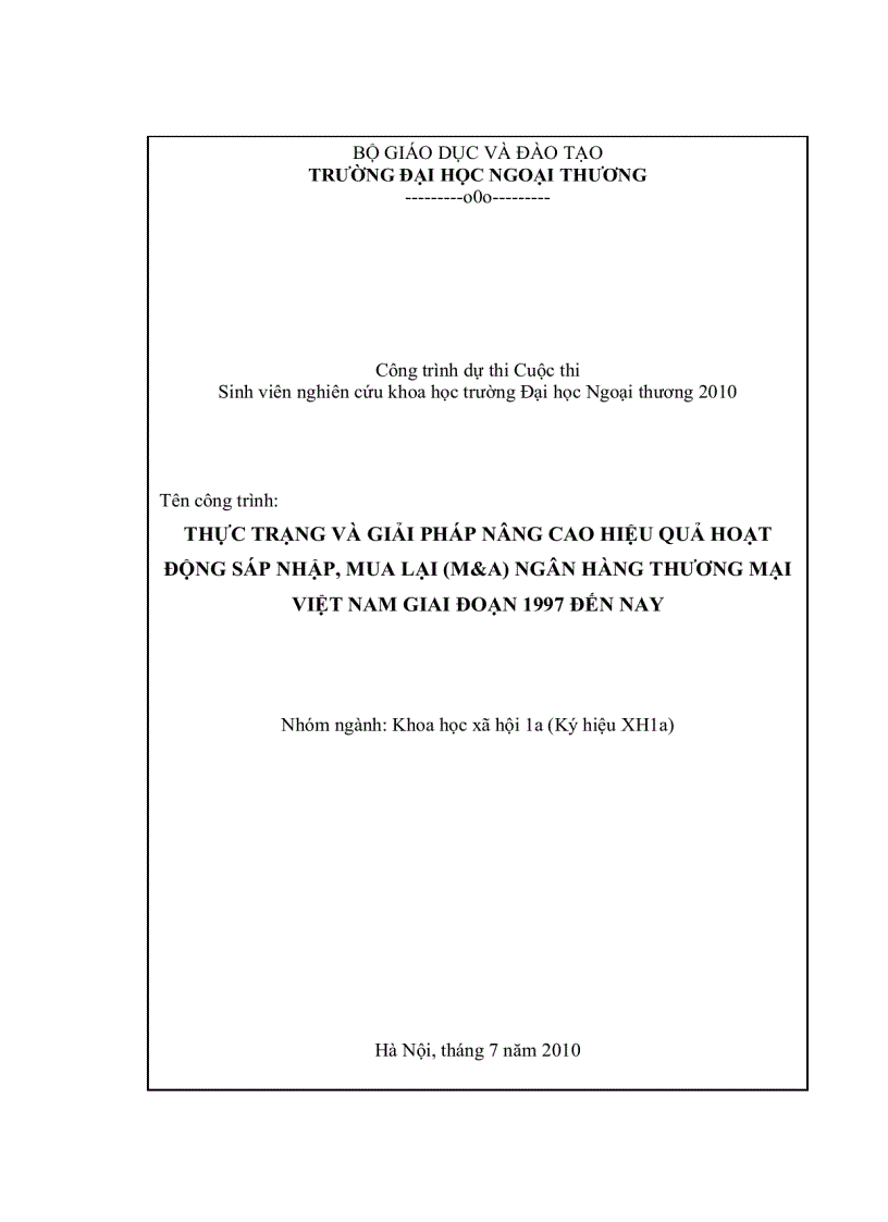 Thực trạng và giải pháp nâng cao hiệu quả hoạt động sáp nhập mua lại m a ngân hàng thương mại việt nam giai đoạn 1997 đến nay