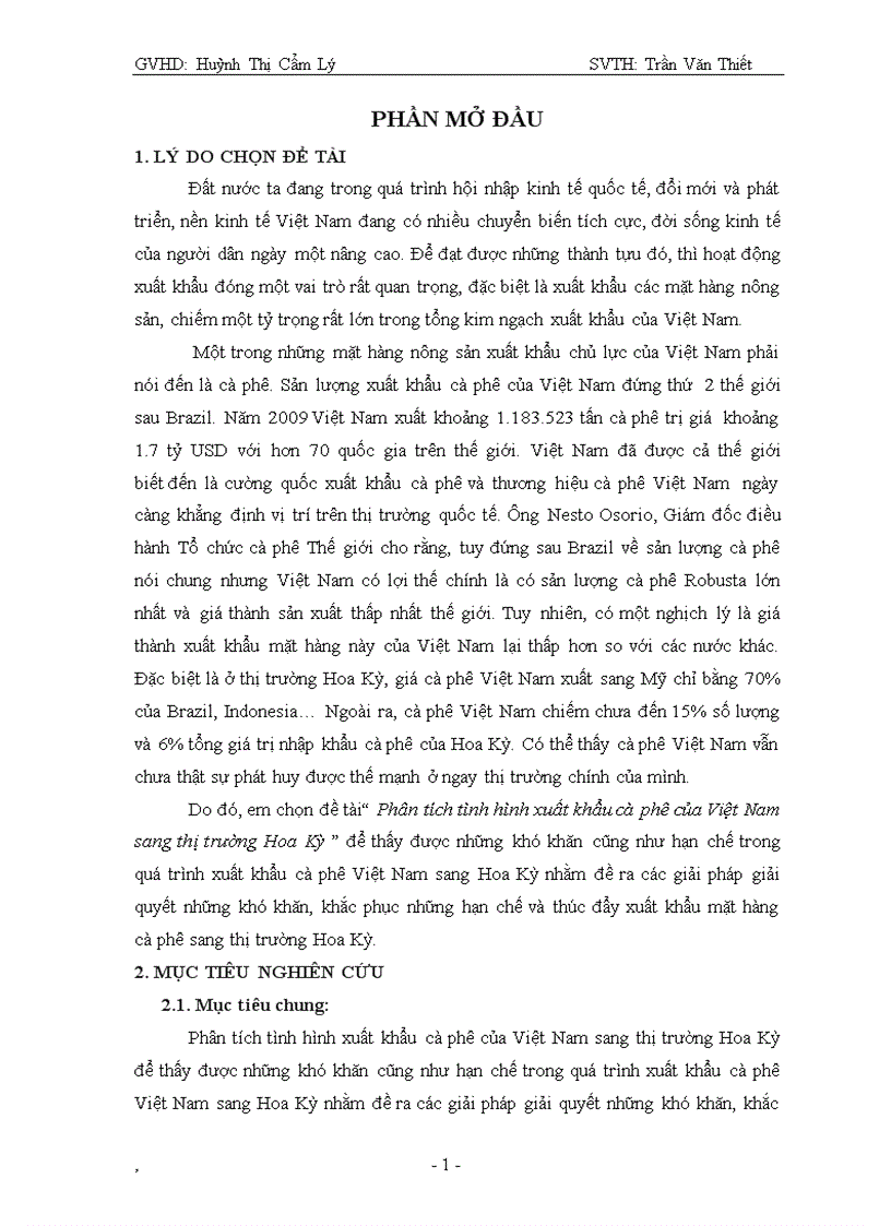 Phân tích tình hình xuất khẩu cà phê của Việt Nam sang thị trường Hoa Kỳ giai đoạn 2006 2010