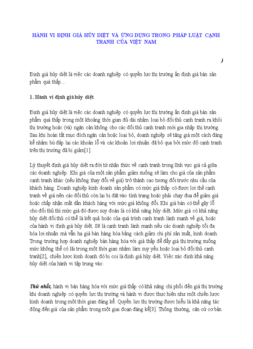 Hành vi định giá hủy diệt và ứng dụng trong pháp luật cạnh tranh Việt Nam