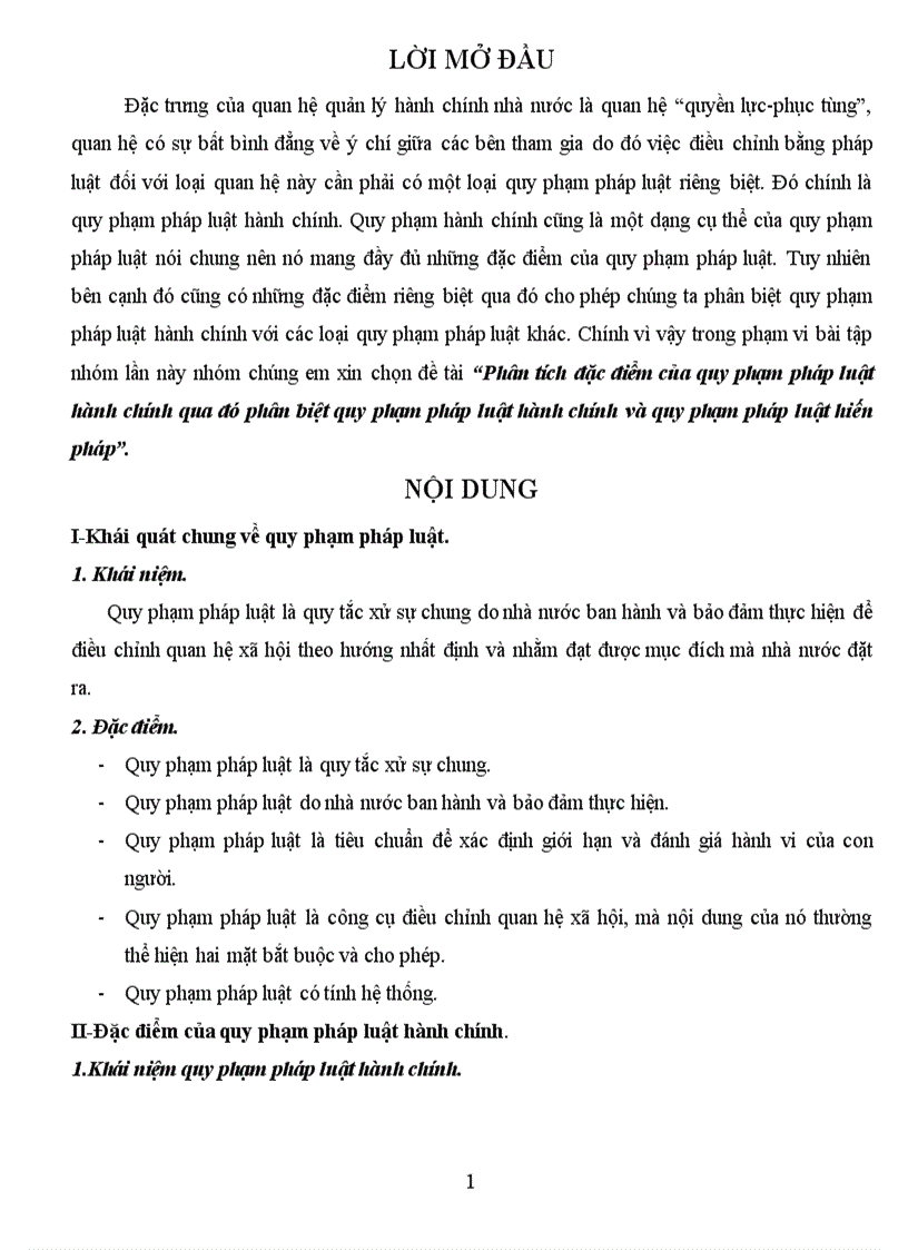 Bài tập tháng 1 Phân tích đặc điểm của quy phạm pháp luật hành chính qua đó phân biệt quy phạm pháp luật hành chính và quy phạm pháp luật hiến pháp