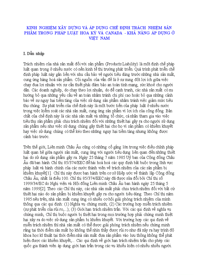 Kinh nghiệm xây dựng và áp dụng chế định sản phẩm trong pháp luật Hoa Kỳ và Canada Khả năng áp dụng tại Việt Nam