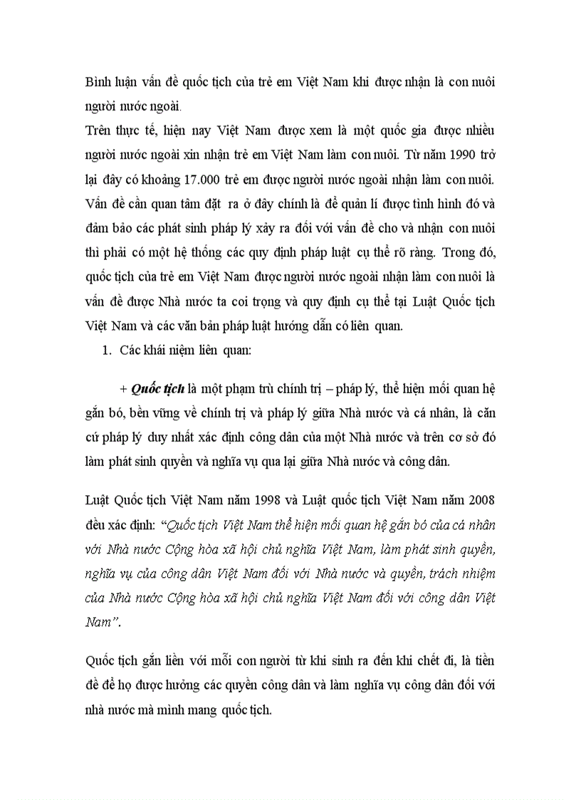 Bình luận vấn đề quốc tịch của trẻ em Việt Nam khi được nhận là con nuôi người nước ngoài tài liệu bt lớn tư pháp quốc tế