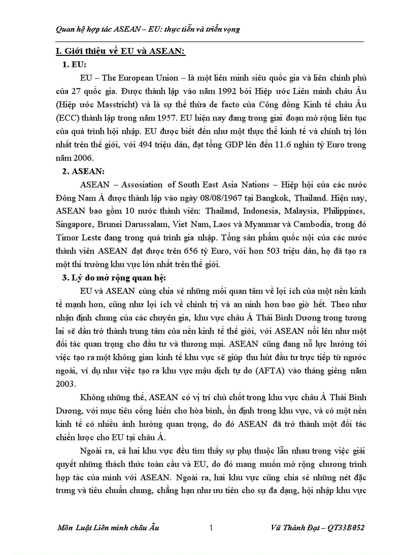 Quan hệ hợp tác ASEAN EU thực tiễn và triển vọng