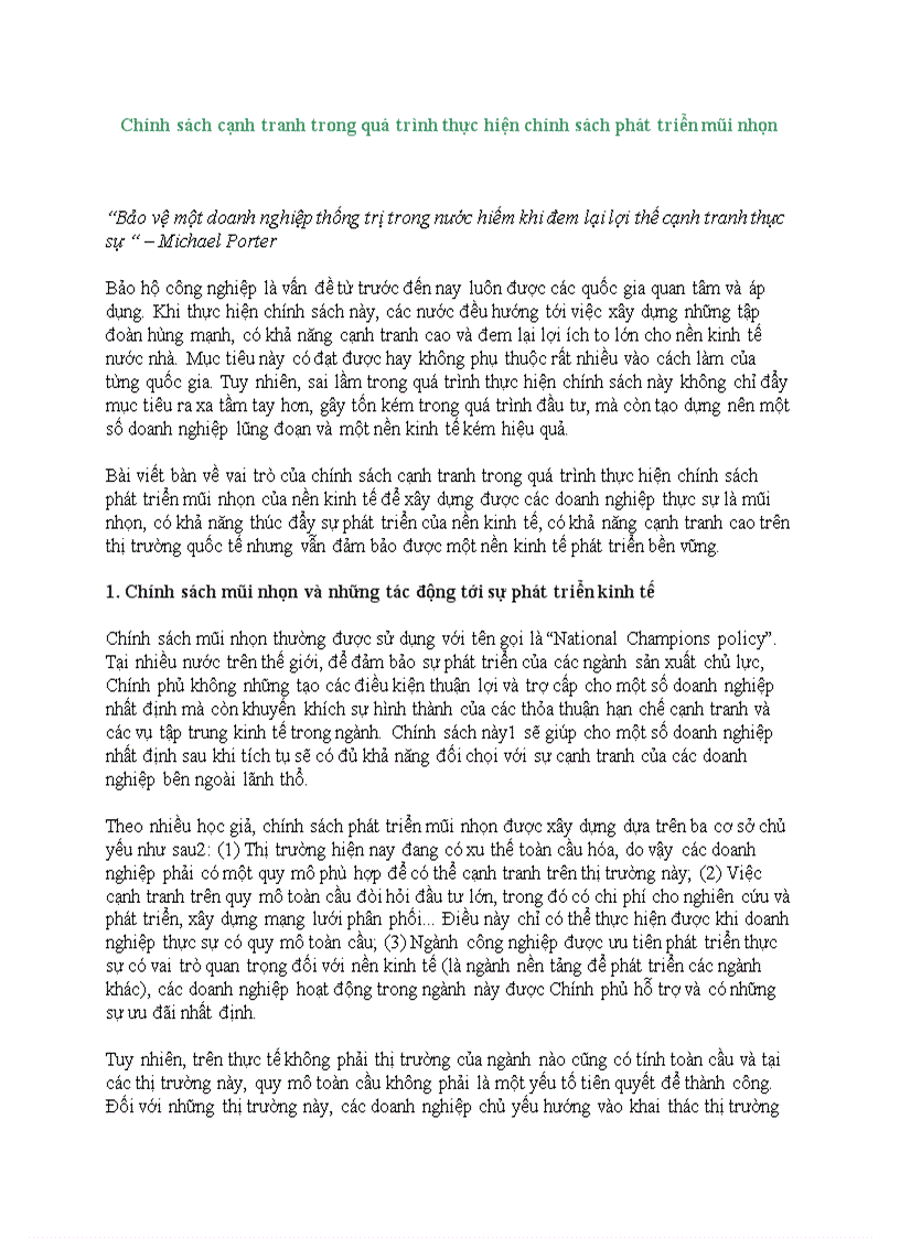 Chính sách cạnh tranh trong quá trình thực hiện chính sách phát triển mũi nhọn