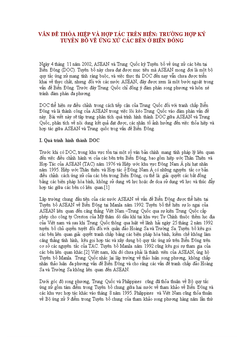 Vấn đề thỏa hiệp và hợp tác trên biển Ký tuyên bố về ứng xử các bên ở biển Đông