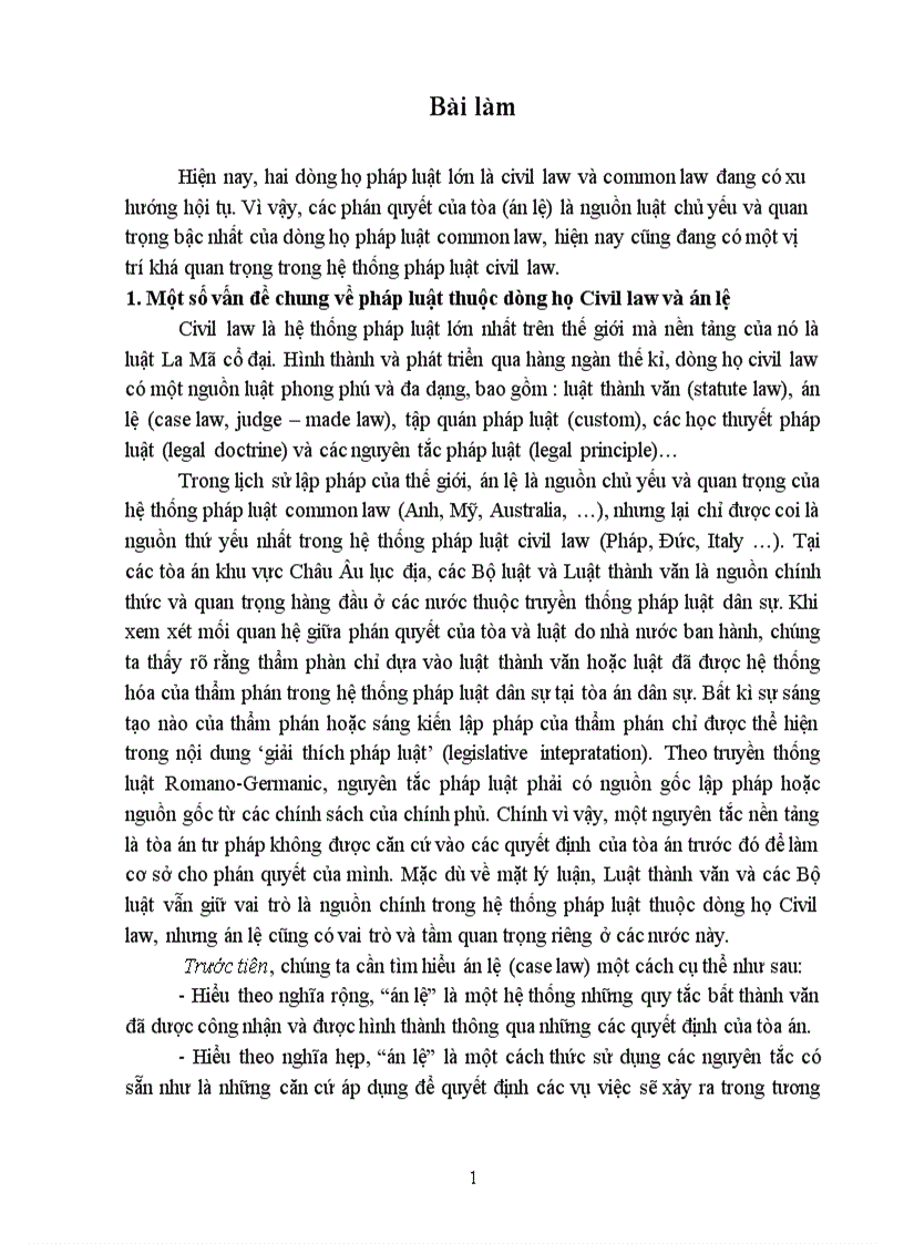 Bài tập lớn học kỳ môn luật so sánh Vị trí của án lệ trong các hệ thống pháp luật thuộc dòng họ civil law