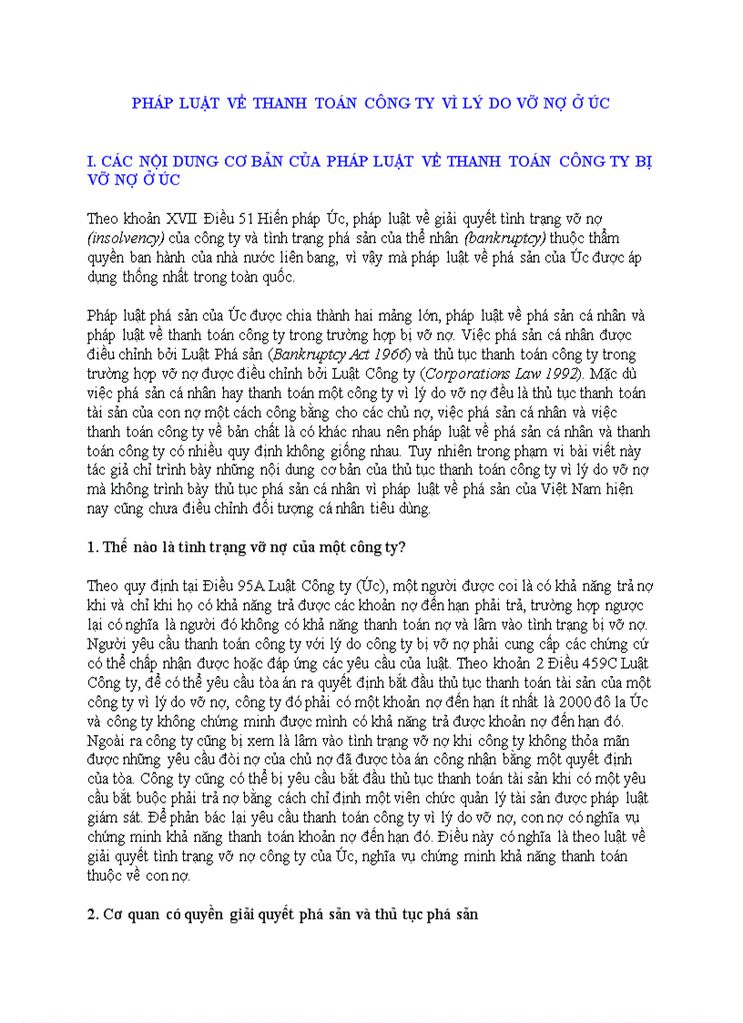 Pháp luật về thanh toán công ty vì lý do vỡ nợ ở Úc