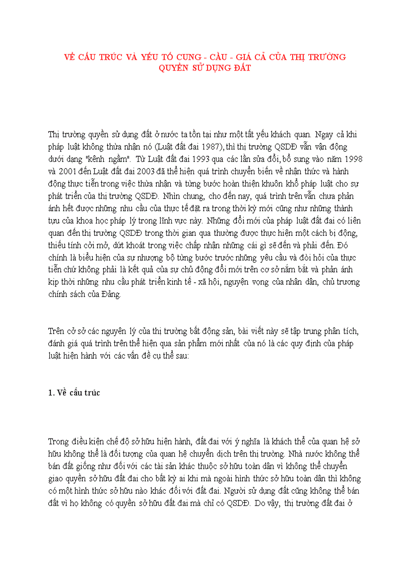 Về cấu trúc và yếu tố cung cầu giá cả của thị trường quyền sử dụng đất