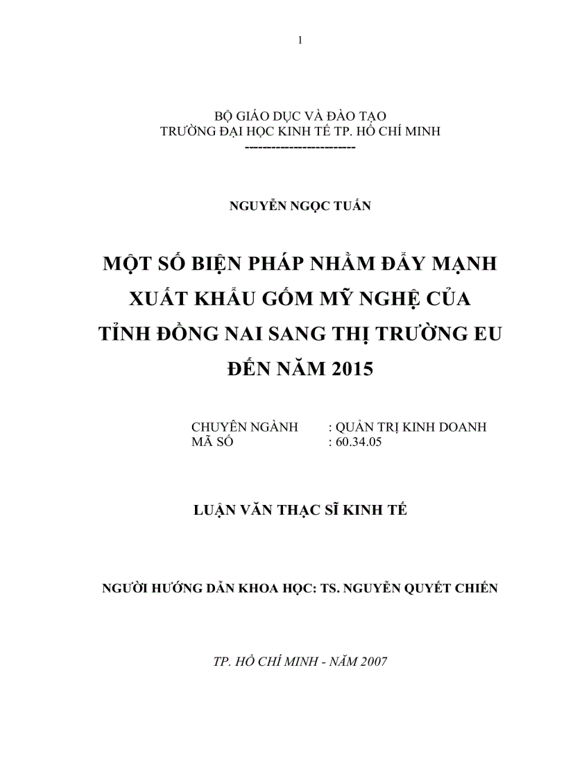 Một số biện pháp nhằm đẩy mạnh xuất khẩu gốm mỹ nghệ của tỉnh Đồng Nai sang thị trường EU đến năm 2015