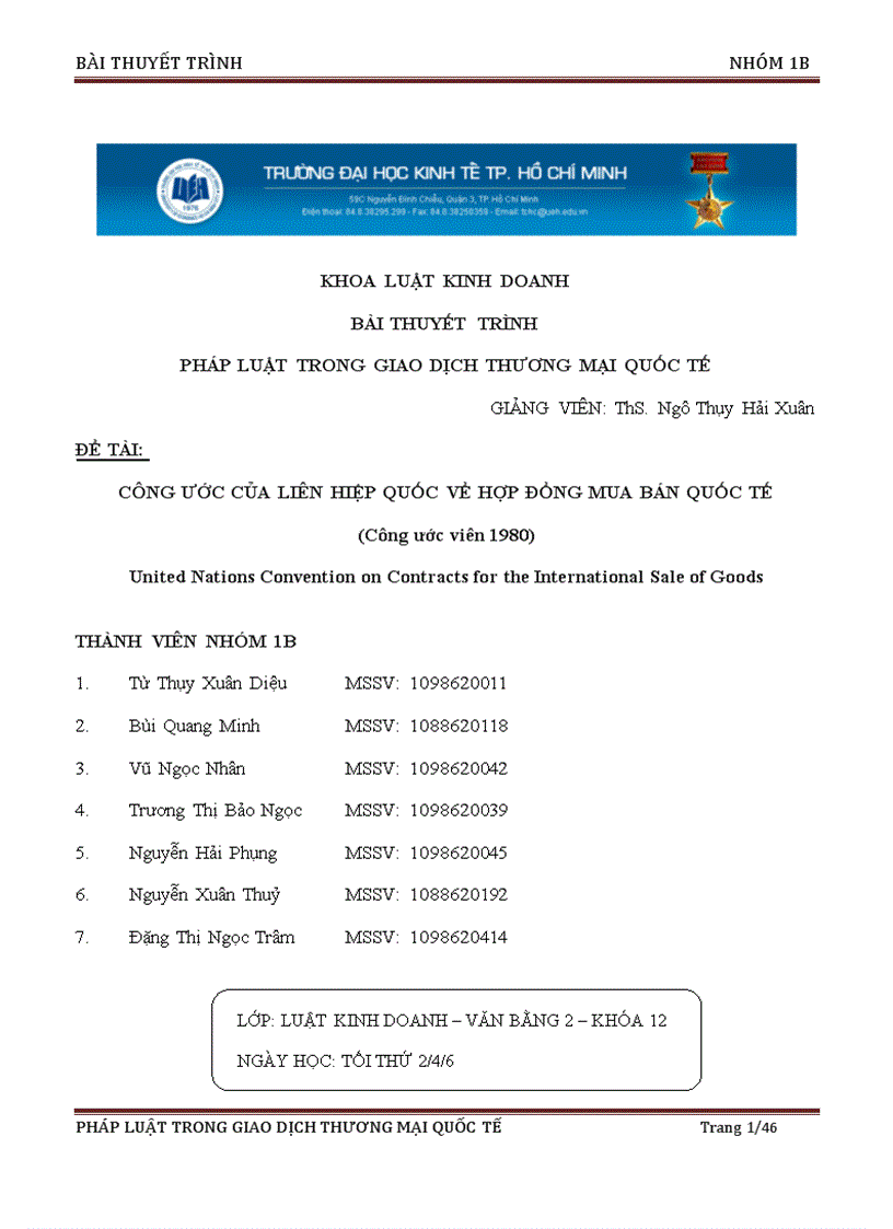 Bài thuyết trình pháp luật trong giao dịch thương mại quốc tế công ước của liên hiệp quốc về hợp đồng mua bán quốc tế