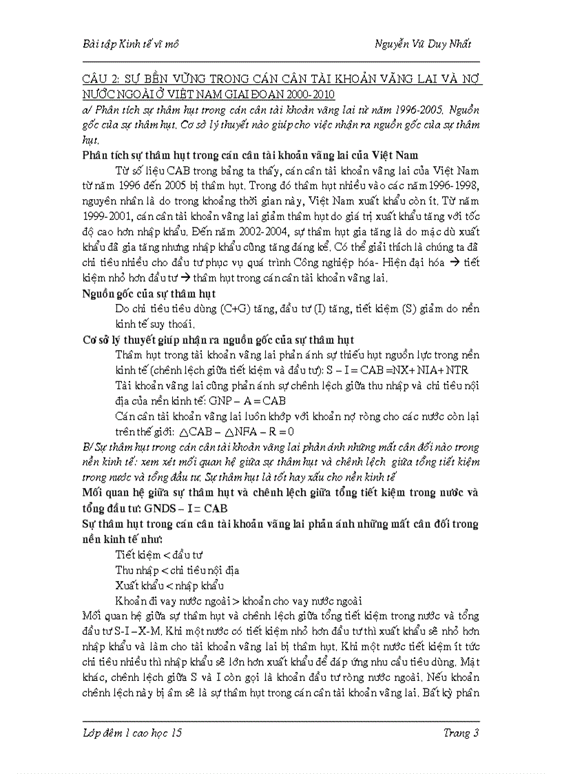 Sự bền vững trong cán cân tài khoản vãng lai và nợ nước ngoài ở việt nam giai đoạn 2000 2010