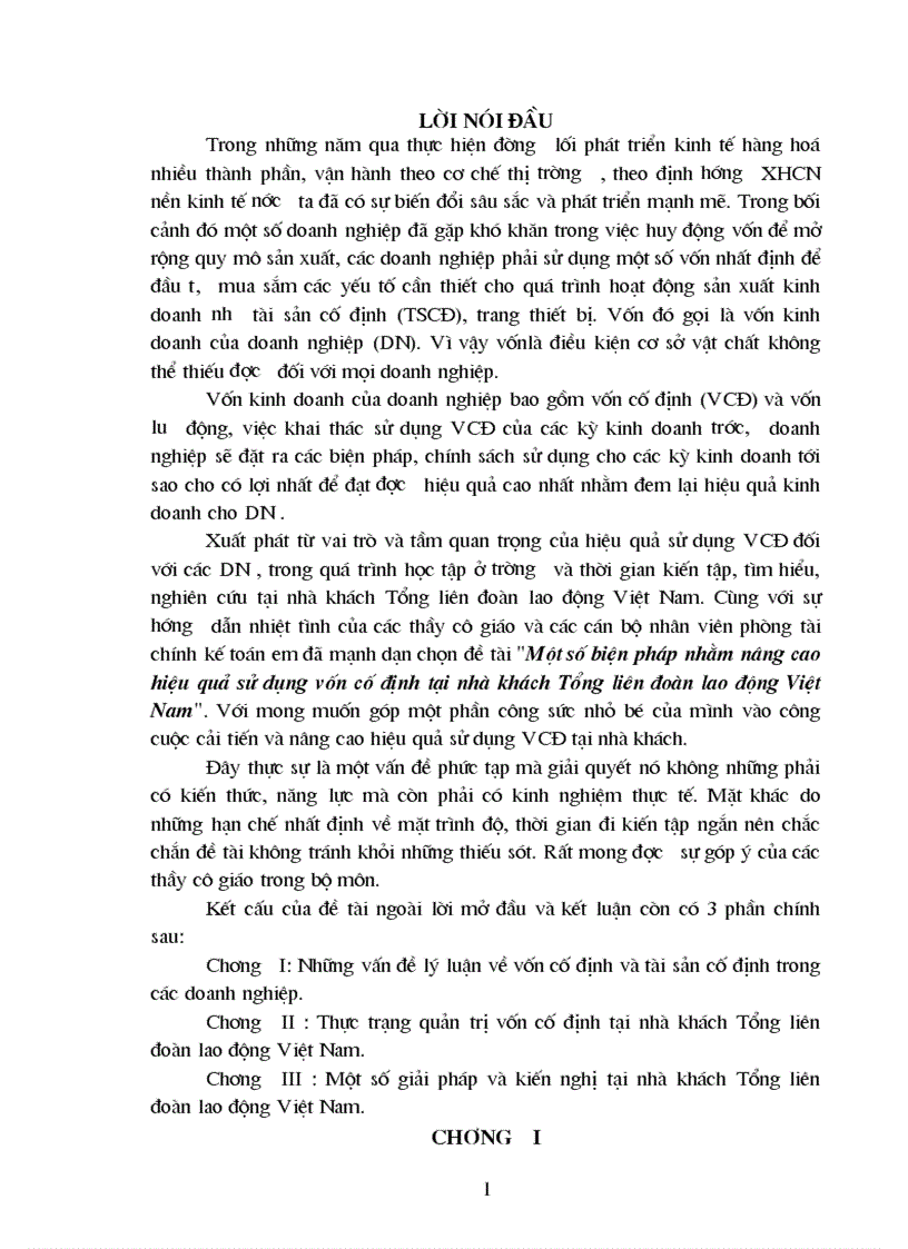 File word Một số biện pháp nhằm nâng cao hiệu quả sử dụng vốn cố định tại nhà khách Tổng liên đoàn lao động Việt Nam
