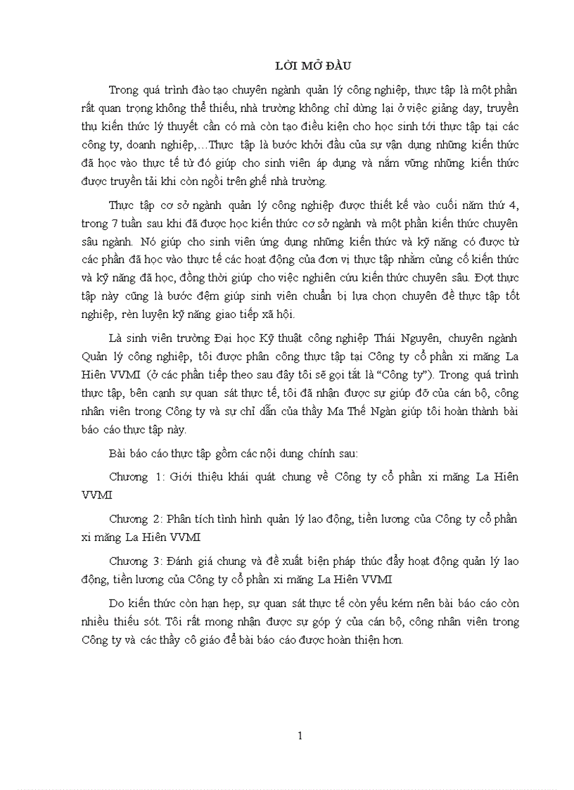 Báo cáo thực tập tốt nghiệp tại công ty cổ phần xi măng LA HIÊN Phân tích tình hình quản lý lao động tiền lương của Công ty cổ phần xi măng La Hiên VVMI