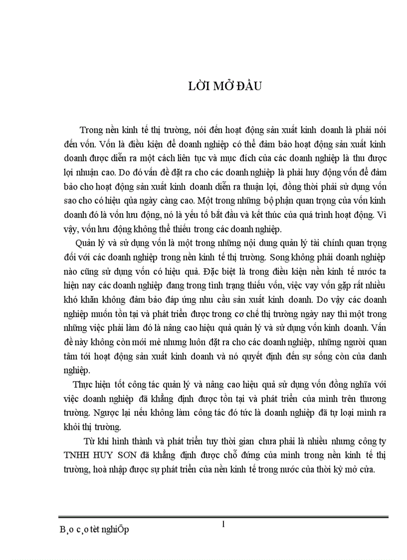 Vốn kinh doanh và những biện pháp nâng cao hiệu quả sử dụng vốn kinh doanh ở Công ty TNHH HUY SƠN