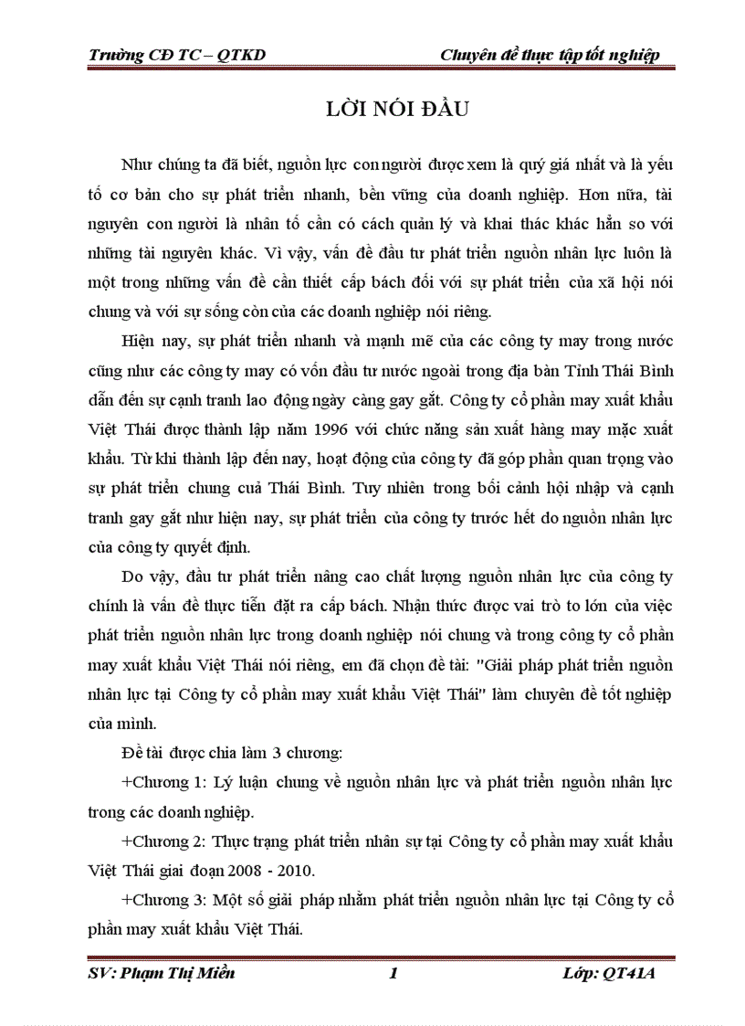 Một số giải pháp nhằm phát triển nguồn nhân lực tại Công ty cổ phần may xuất khẩu Việt Thái