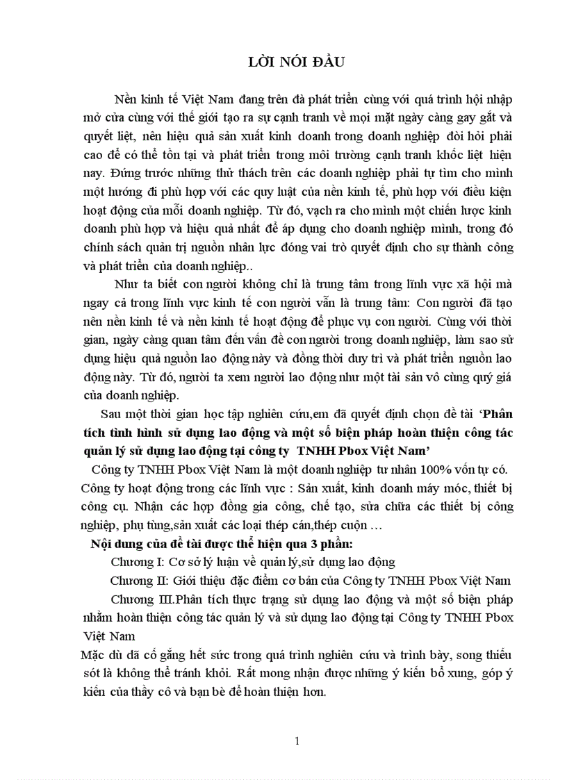 Phân tích tình hình sử dụng lao động và một số biện pháp hoàn thiện công tác quản lý sử dụng lao động tại công ty TNHH Pbox Việt Nam