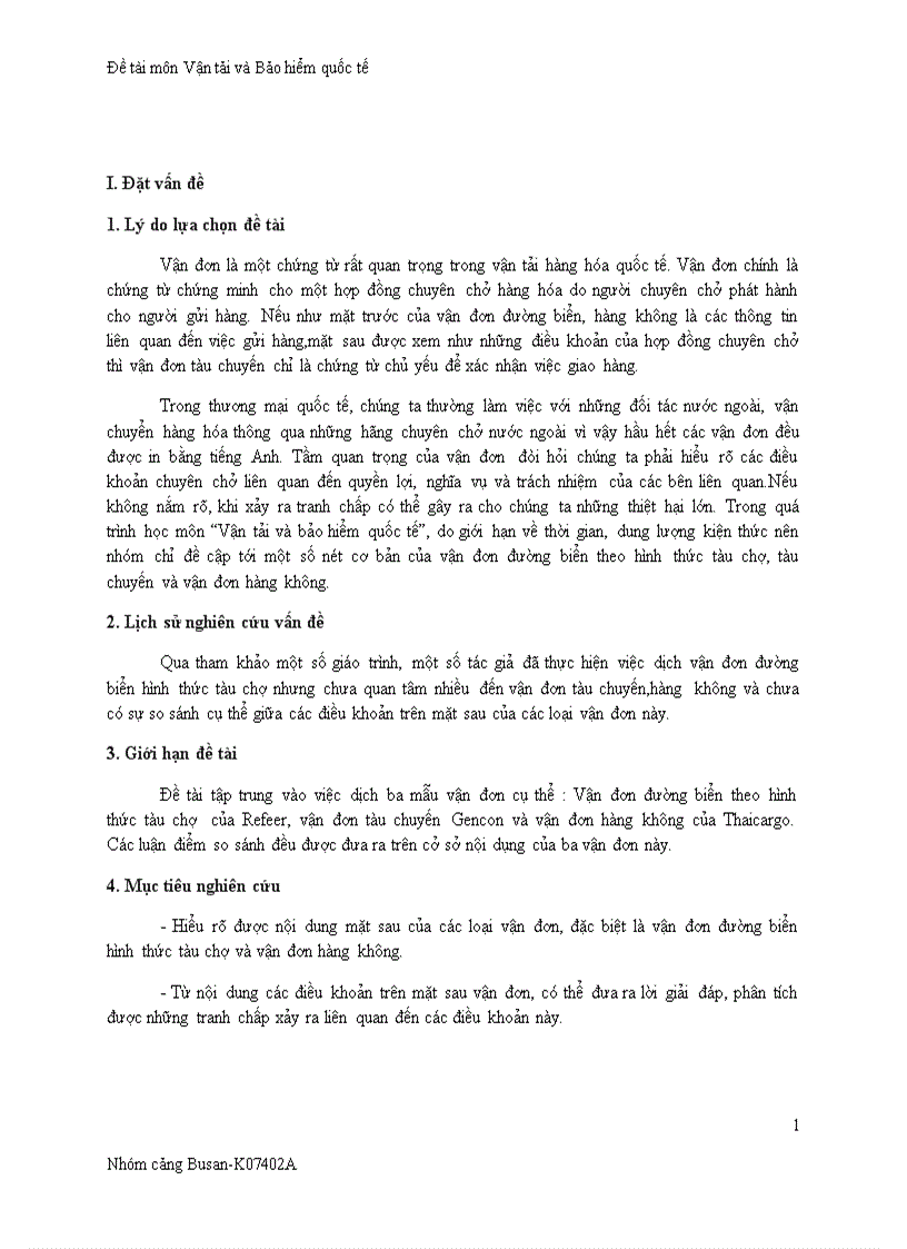 Vận tải và bảo hiểm quốc tế Vận đơn đường biển theo hình thức tàu chợ của Refeer vận đơn tàu chuyến Gencon và vận đơn hàng không của Thaicargo