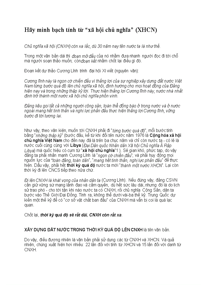 Hãy minh bạch tính từ xã hội chủ nghĩa XHCN