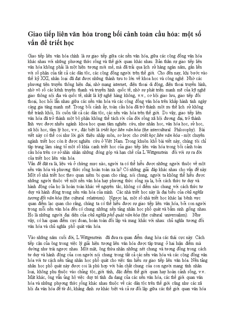 Giao tiếp liên văn hóa trong bối cảnh toàn cầu hóa một số vấn đề triết học