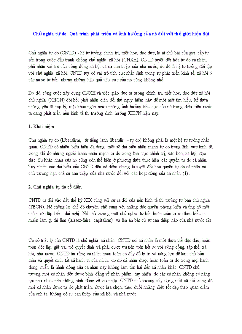 Chủ nghĩa tự do Quá trình phát triển và ảnh hưởng của nó đối với thế giới hiện đại