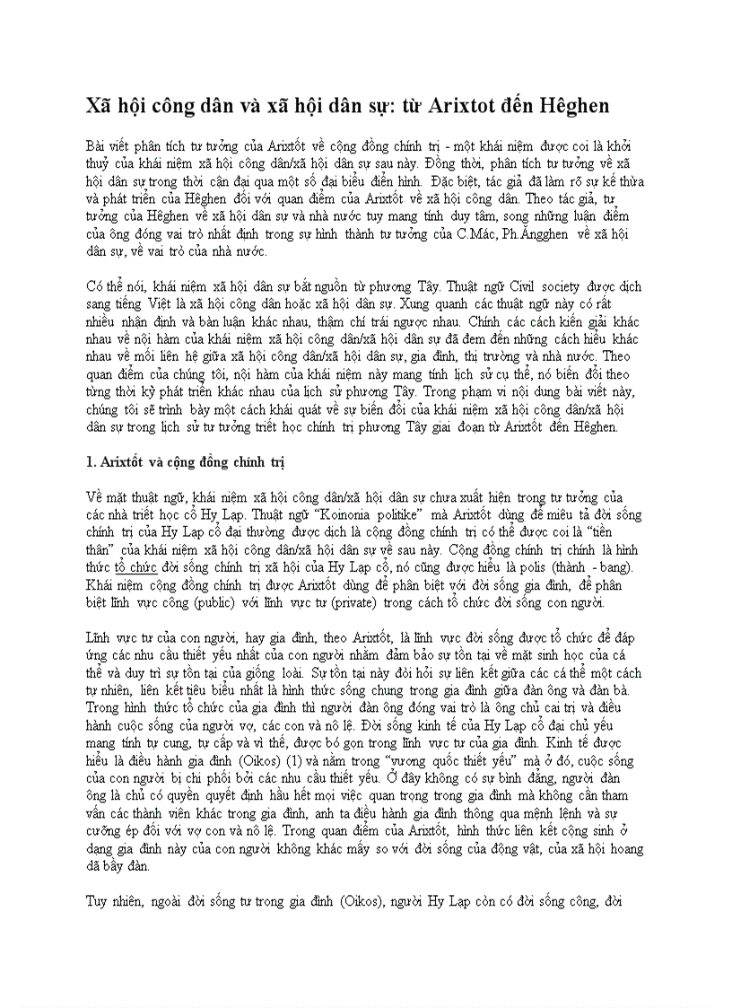 Xã hội công dân và xã hội dân sự từ Arixtot đến Hêghen