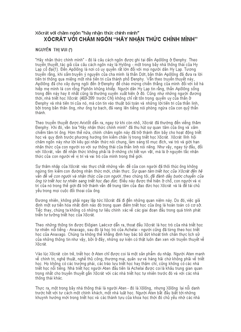 Xôcrát với châm ngôn hãy nhận thức chính mình