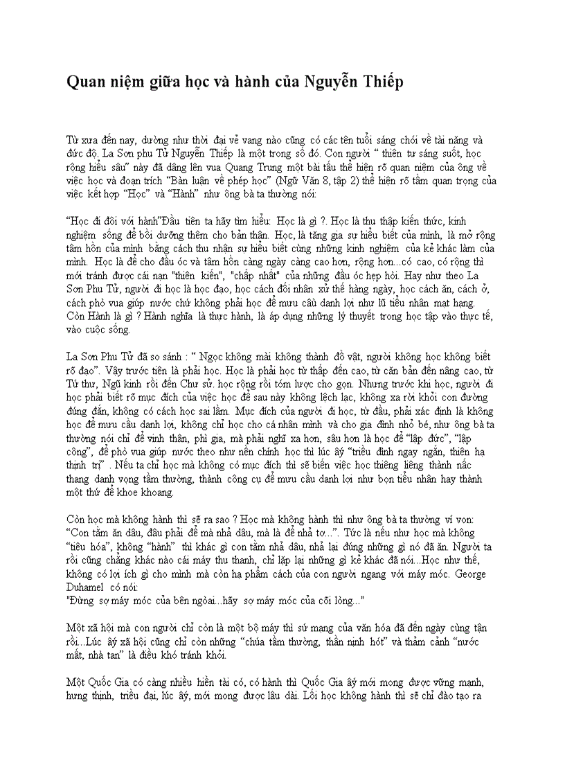 Quan niệm giữa học và hành của Nguyễn Thiếp