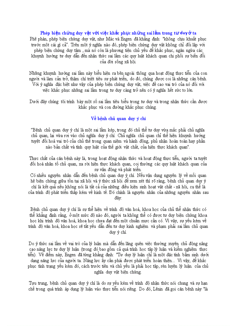 Phép biện chứng duy vật với việc khắc phục những sai lầm trong tư duy ở ta