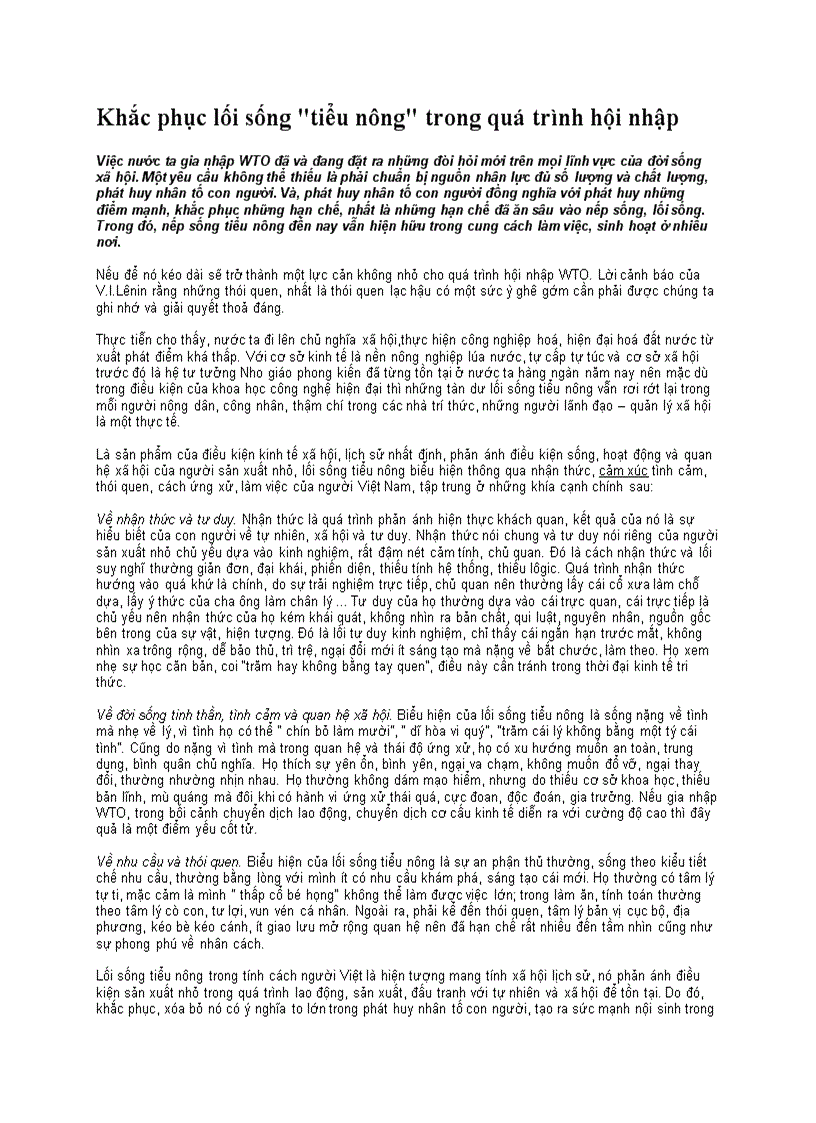 Khắc phục lối sống tiểu nông trong quá trình hội nhập