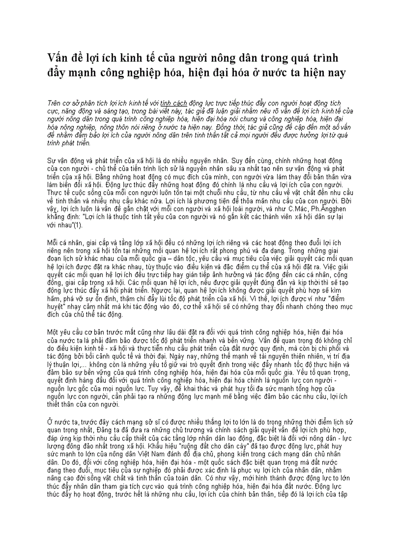 Vấn đề lợi ích kinh tế của người nông dân trong quá trình đẩy mạnh công nghiệp hóa hiện đại hóa ở nước ta hiện nay