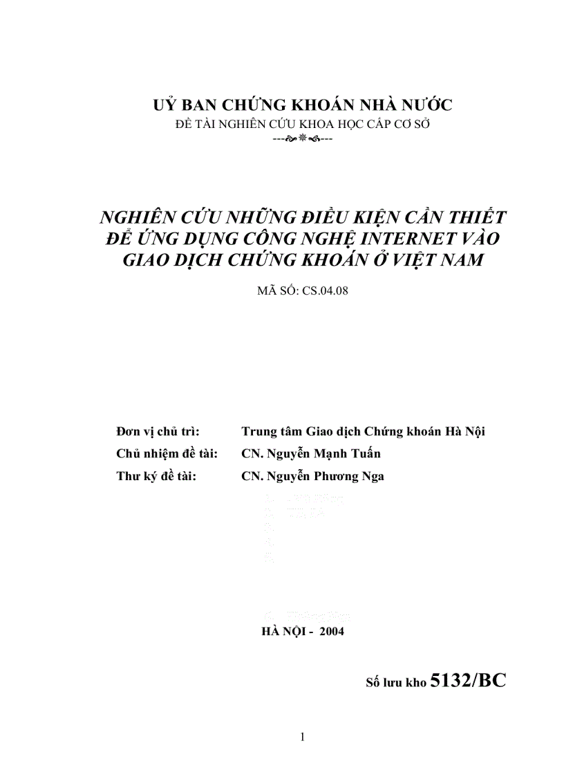 Nghiên cứu những điều kiện cần thiết để ứng dụng công nghệ internet vào giao dịch chứng khoán ở Việt Nam