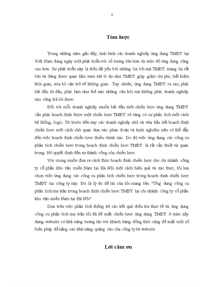 Ứng dụng các công cụ phân tích ma trận trong hoạch định chiến lược Thương mại điện tử tại chi nhánh công ty cổ phần kho vận miền Nam tại Hà Nội