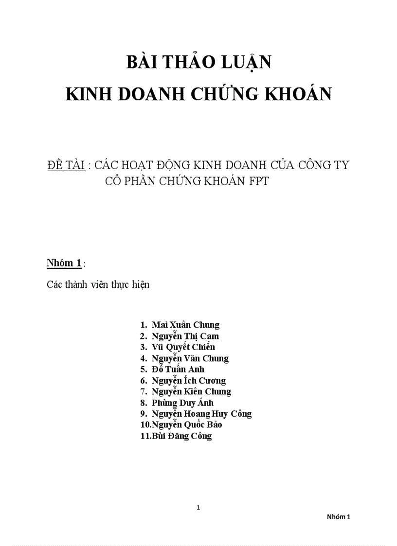 Các hoạt động kinh danh chứng khoán của công ty FPT