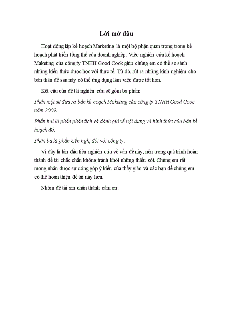 Kế hoạch Maketing của công ty TNHH Good Cook