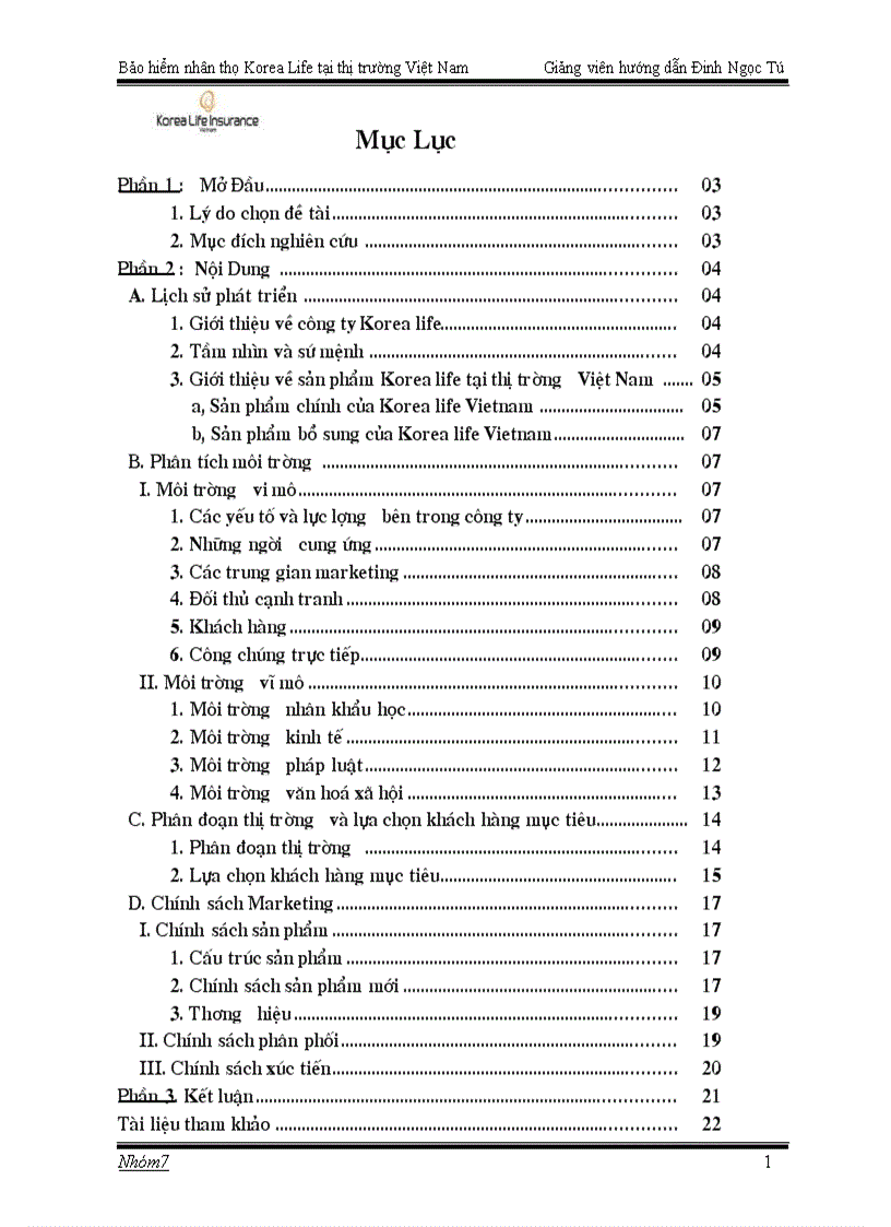 Phân tích môi trường và các chính sách marketing trong hoạt động kinh doanh bảo hiểm nhân thọ của Korea life tại Việt Nam